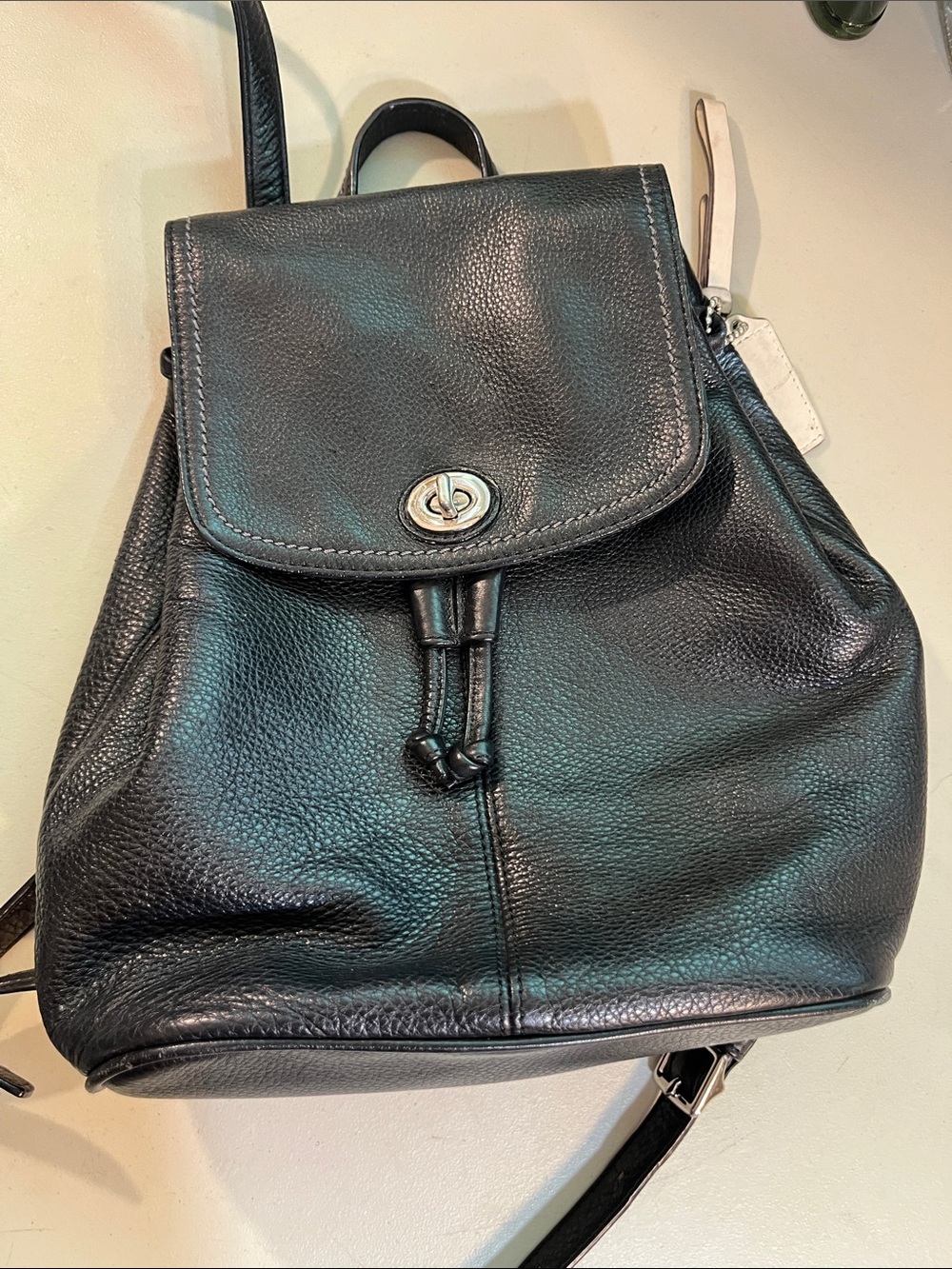 Coach Black Pebbled Leather Drawstring Backpack with Turn-Lock